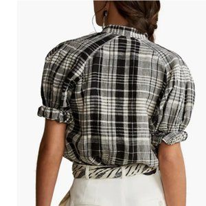 Ralph Lauren Cici Blouson-Sleeve Plaid Linen Popover